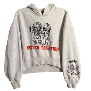 Cozy Gray Bride of Chucky Cropped Hoodie with Embroidered Design Size Medium